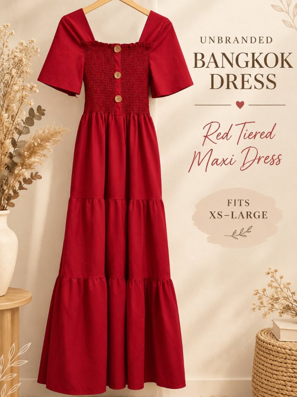 Unbranded Bangkok Red Smocked Maxi Dress – Fits XS–L